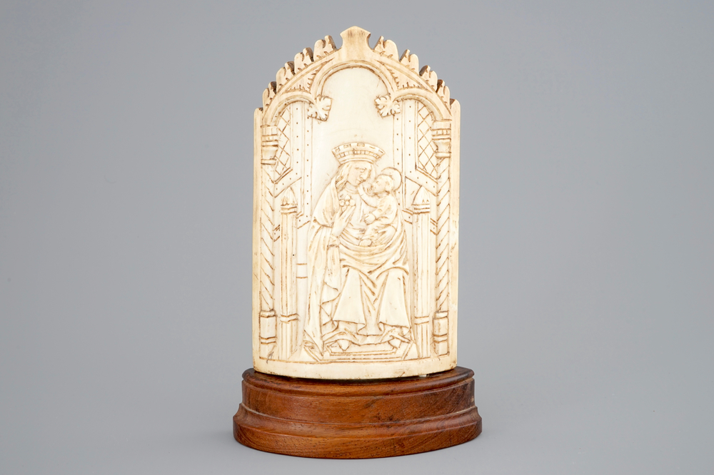 A neo-gothic ivory Pax with Madonna and child, late 19th C.