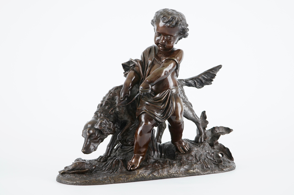 Auguste Joseph Peiffer (1832&ndash;1886), A putto with a dog, bronze group