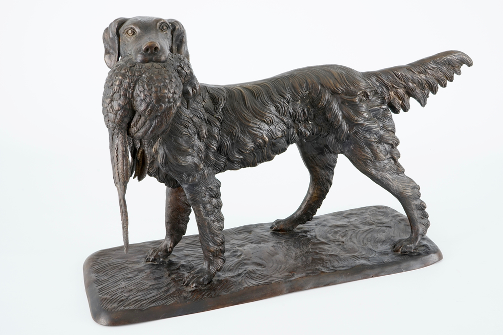 Pierre-Jules M&ecirc;ne (1810-1879), A hunting dog with a partridge, bronze group