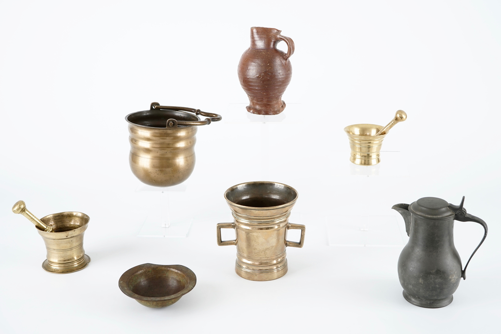 A set of mortars, a holy water bucket, a bleeding bowl and two jugs, 15/19th C.