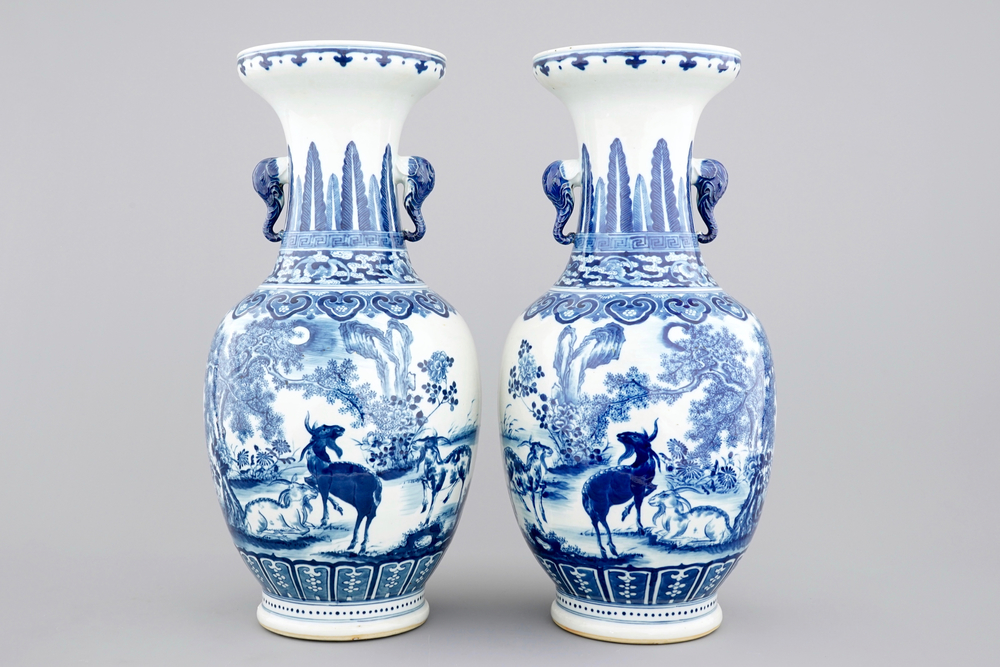 A pair of large blue and white Chinese vases, 19th C.