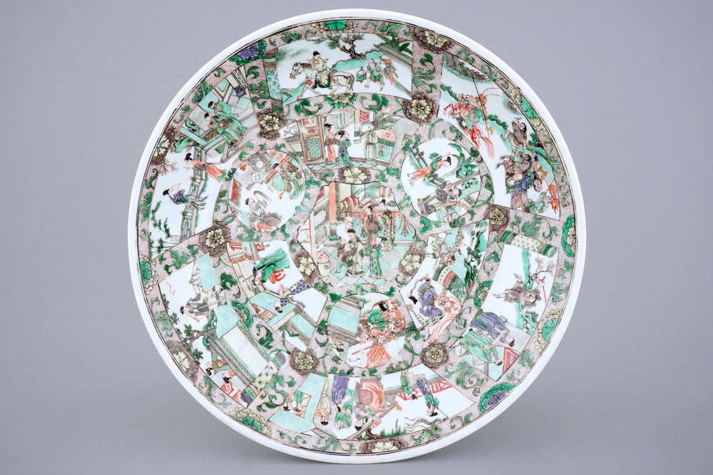 A large Chinese famille verte dish: Romance of the Western Chamber, Kangxi