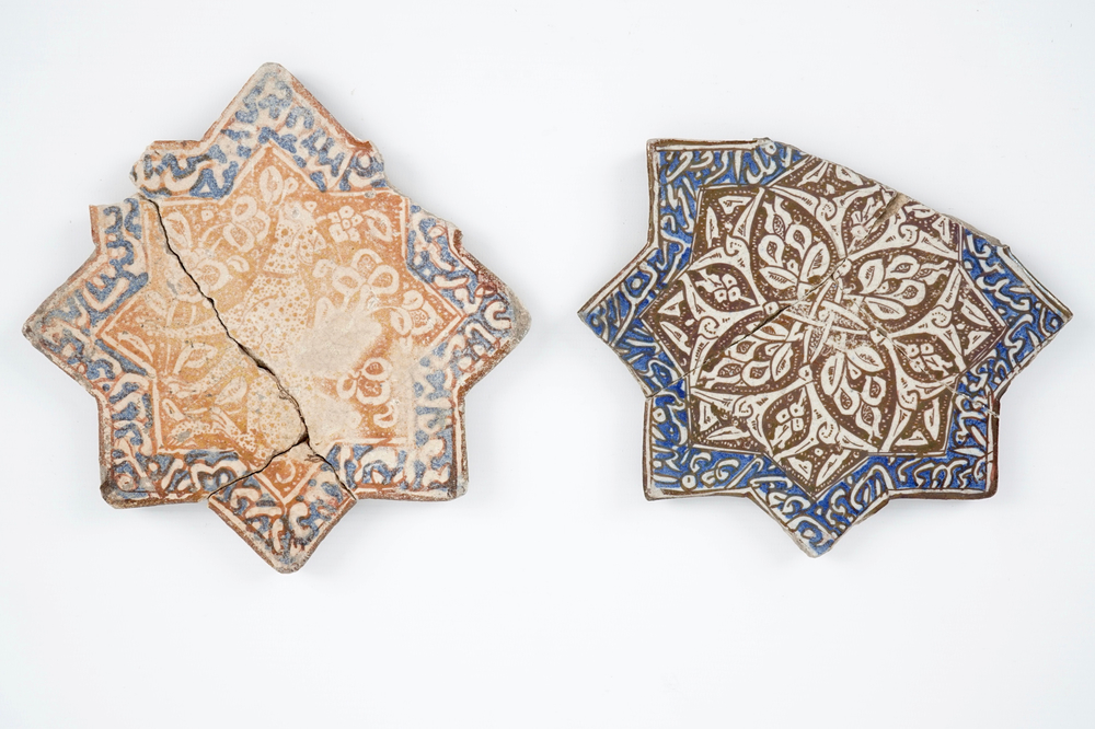 Two Kashan star-shaped tiles, Central Persia, 13/14th C.