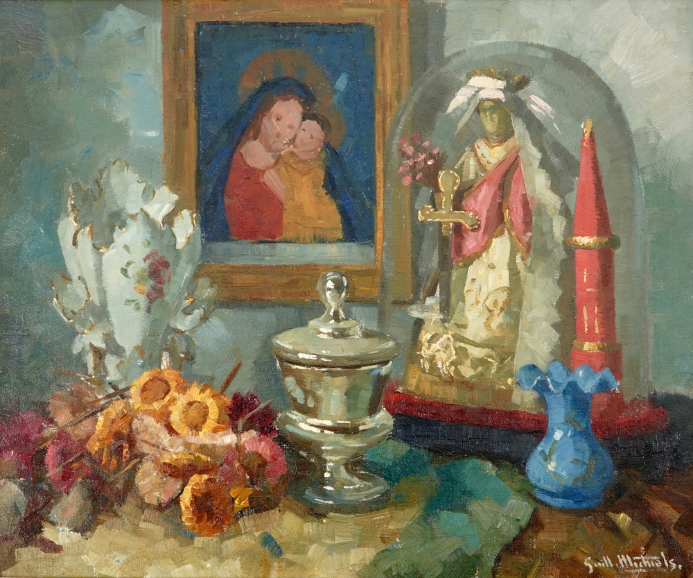 Guillaume Michiels (1909-1997), trois natures mortes aux figures des saintes, huile sur toile