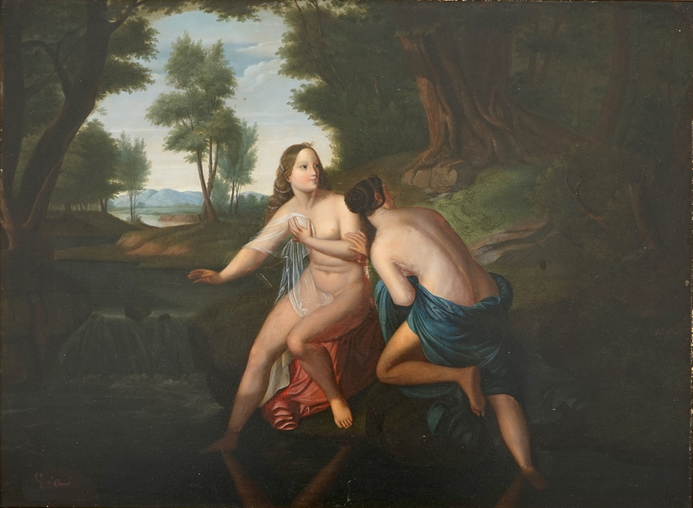 Een romantische voorstelling van twee badende nimfen, olie op koper, 19e eeuw