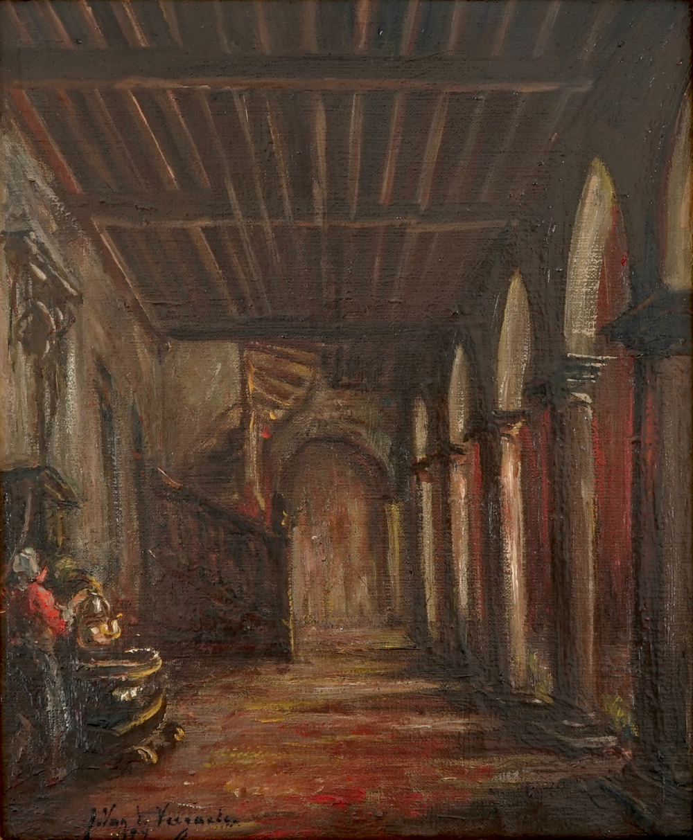 Jules Van de Veegaete (1886-1960), un int&eacute;rieur aux colonnes, huile sur toile, dat&eacute; 1934