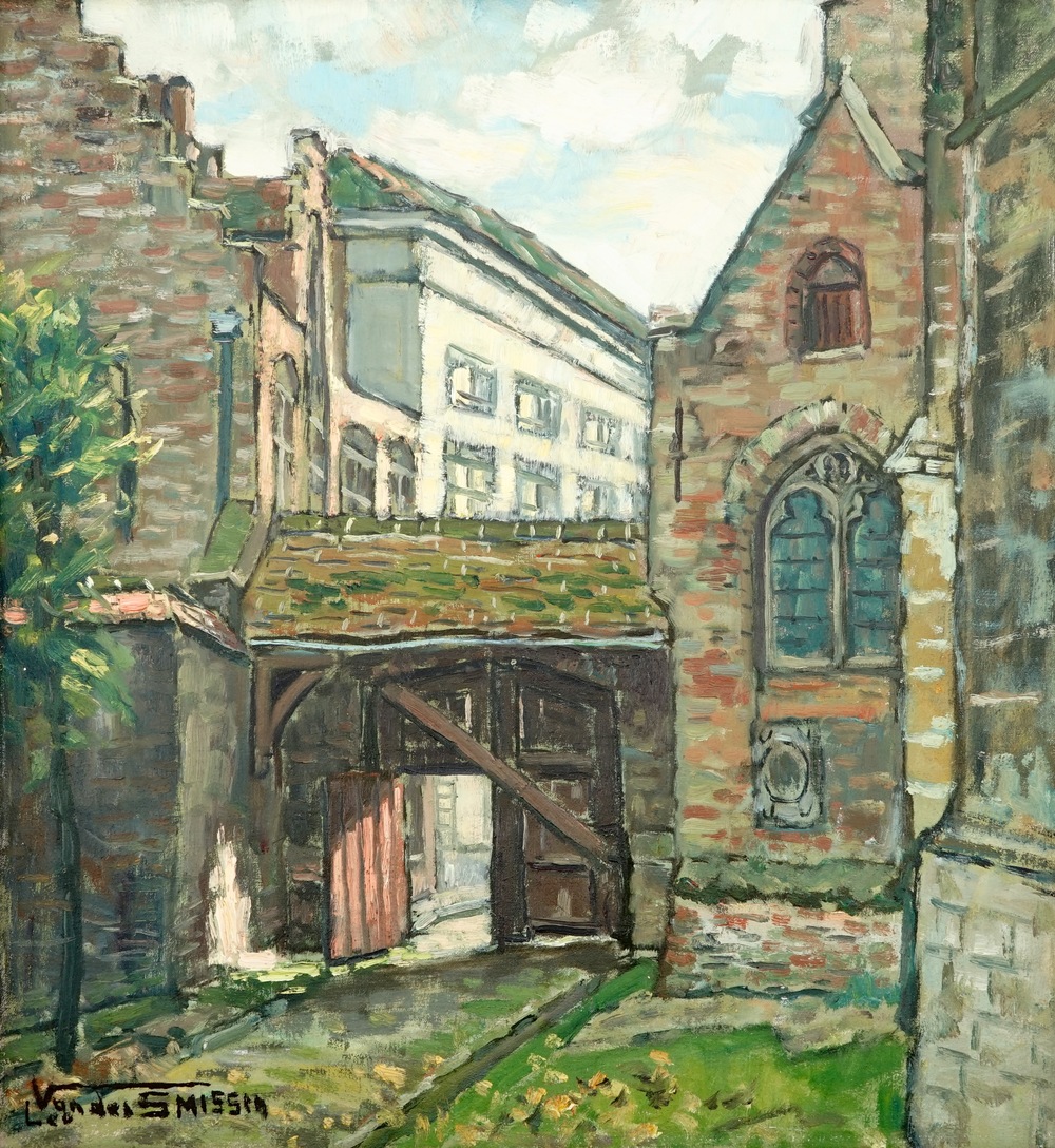 Leo Vandersmissen (1900-1966), une vue aupr&egrave;s de l'&eacute;glise Notre-Dame &agrave; Bruges, huile sur toile