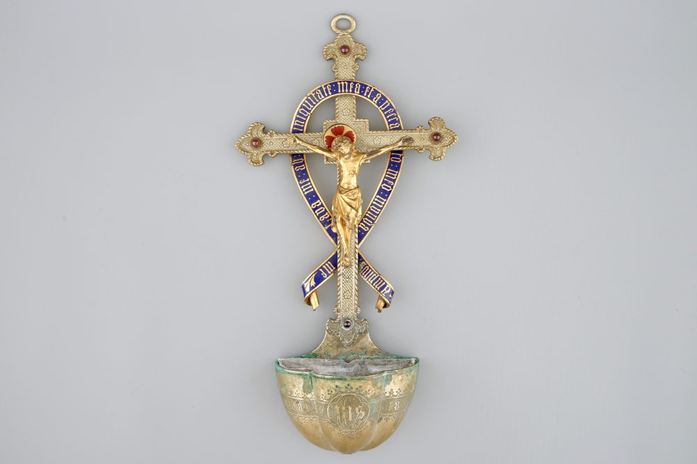 A gilt and enamelled holy water font, signed Bourdon, Ghent, 19th C.