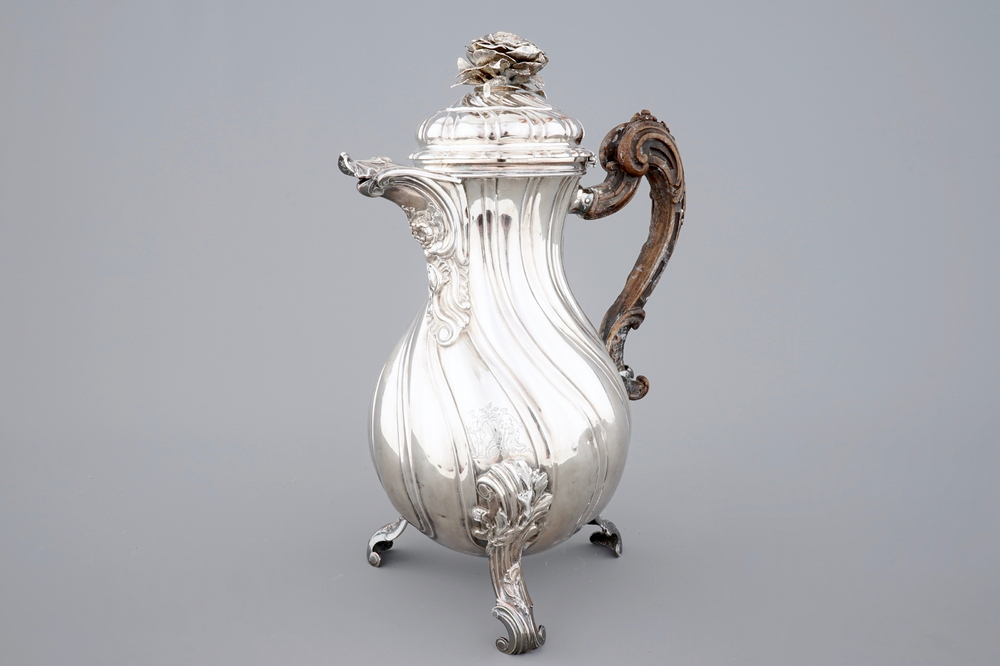 A Flemish silver armorial coffee pot of baluster shape, marked for Carel Benninck, Bruges, 1771