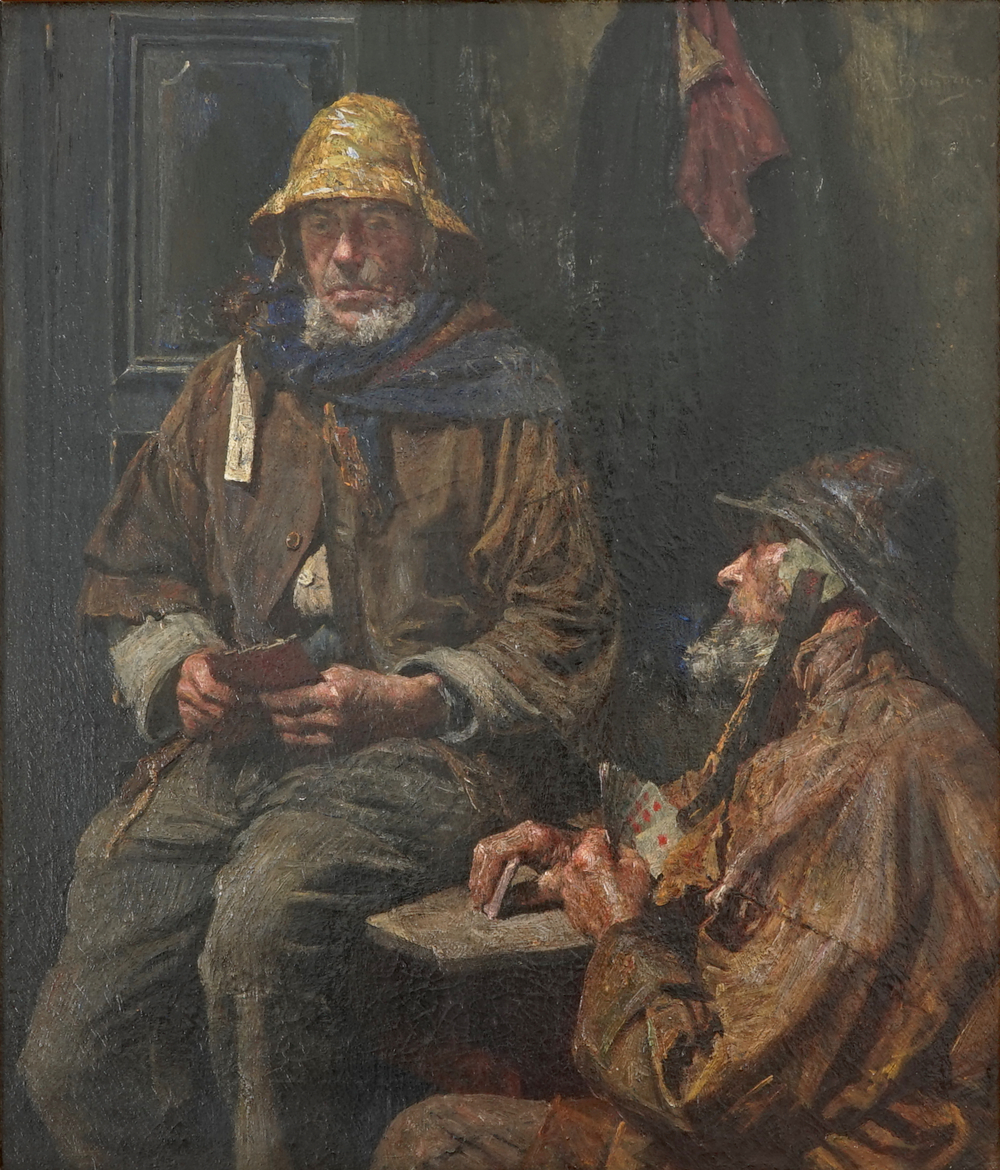 Alo&iuml;s Boudry (1851-1938), Twee kaartende vissers, olie op doek