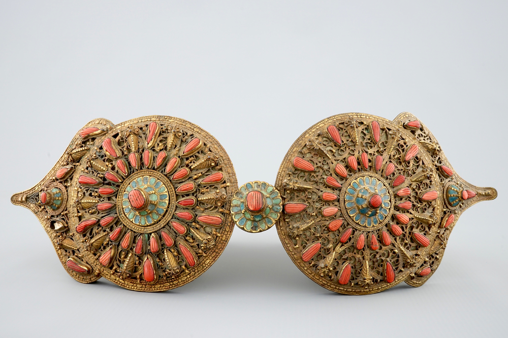 An Ottoman gilt brass belt buckle with coral and turquoise insets, probably Greece, 18/19th C.