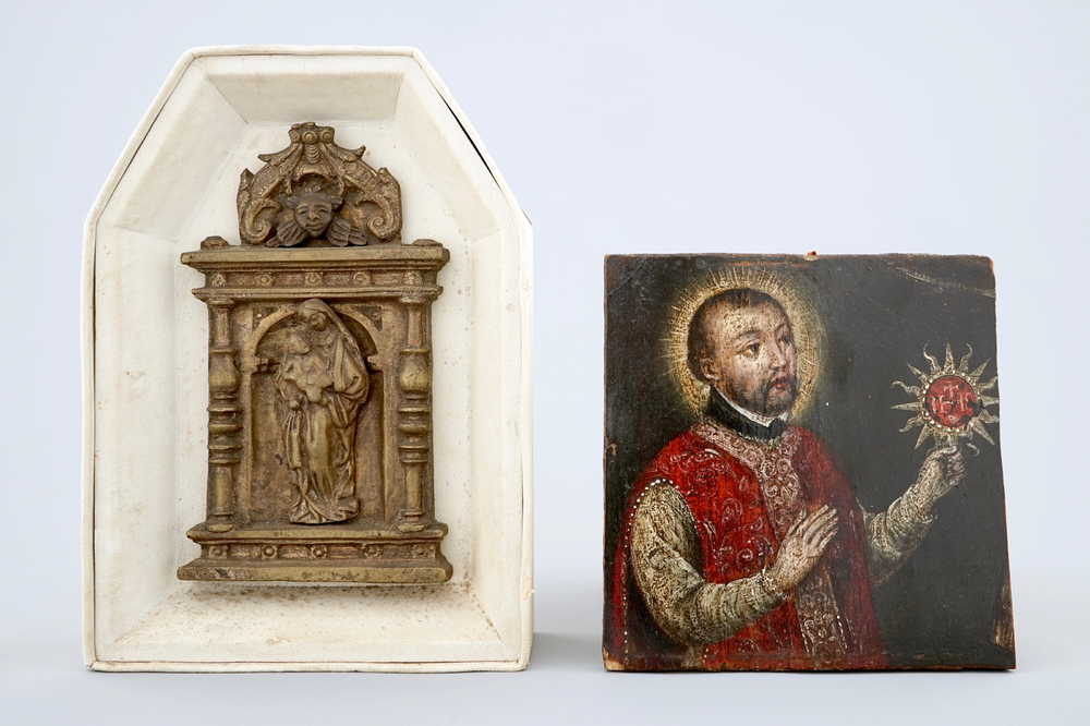 Un petit portrait d'Ignace de Loyola et un petit sanctuaire en bronze, 18/19&egrave;me