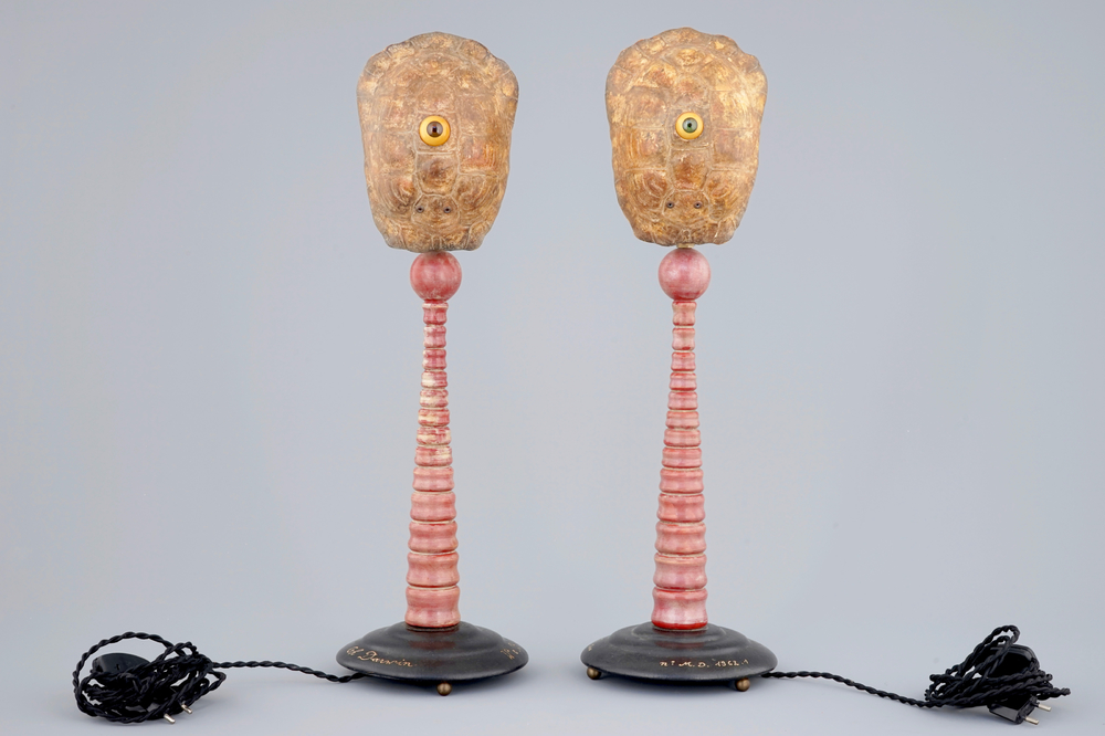 A pair of tall Darwin-lamps with turtle shells and a glass eye, 2nd quarter 20th C.