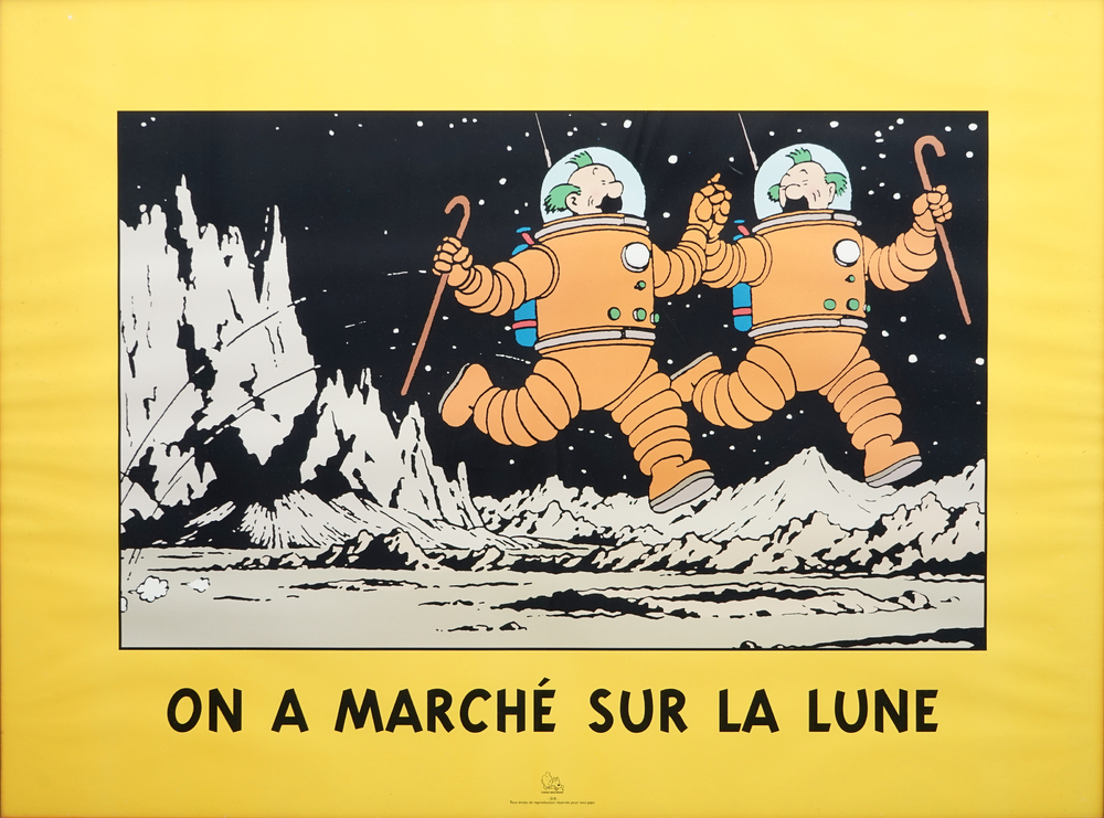 Une grande affiche de Tintin: &quot;On a march&eacute; sur la lune&quot;, &eacute;ditions Herg&eacute; / Moulinsart