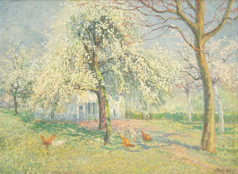 Adolf Baeyens (1886-1969), a pointillistic summer view with chickens, oil on canvas