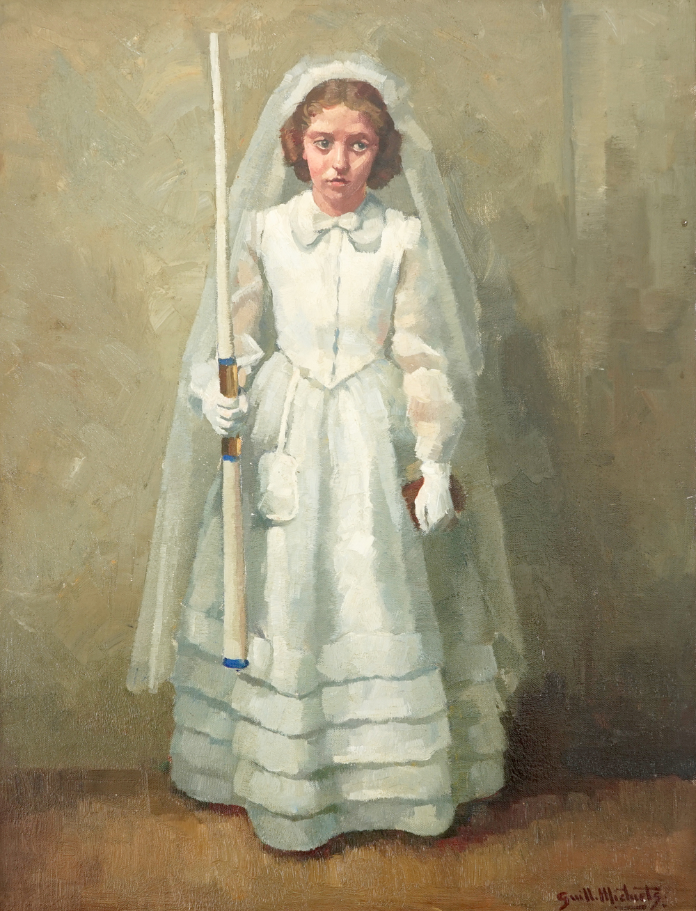 Guillaume Michiels (1909-1997), a portrait of a communiant in lace dress, oil on canvas