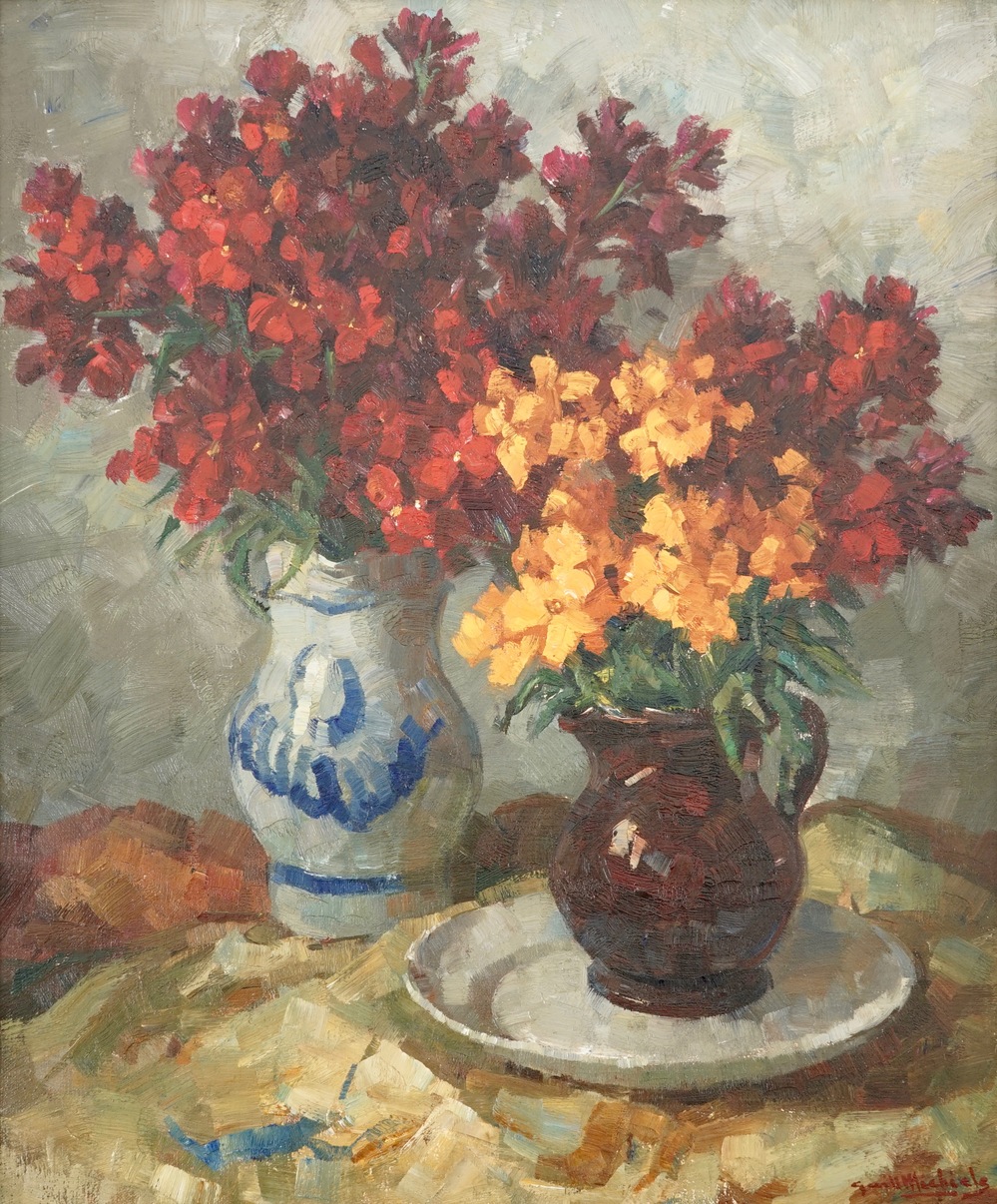 Guillaume Michiels (1909-1997), een stilleven met bloemenruikers, olie op doek