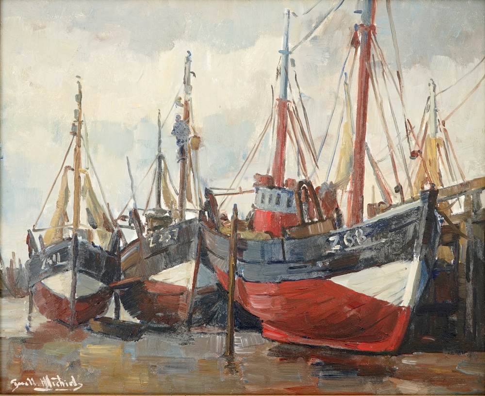 Guillaume Michiels (1909-1997), Bateaux au port de p&ecirc;che de Zeebrugge, huile sur toile