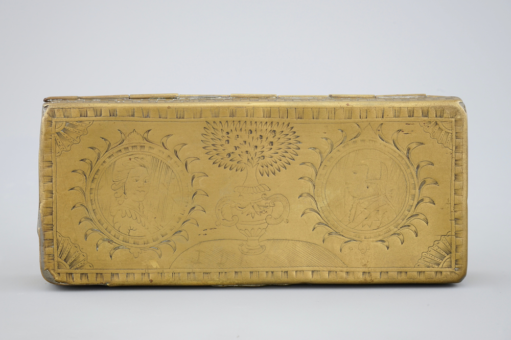 An Dutch brass tobacco box of royal orangist subject, dated 1787