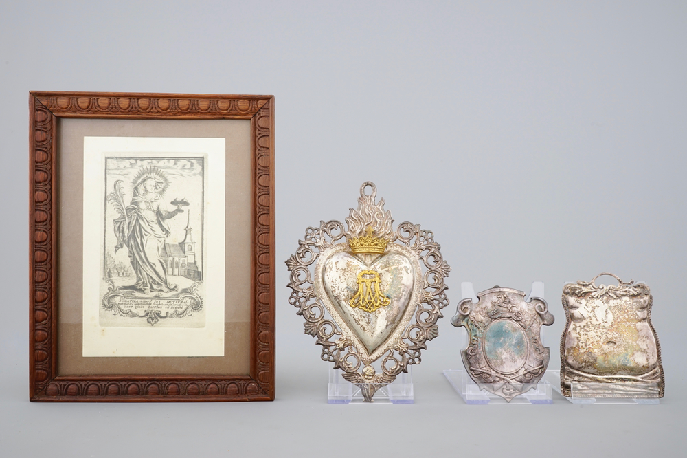 A set of 3 silver ex-voto and an engraving, 18/19th C.
