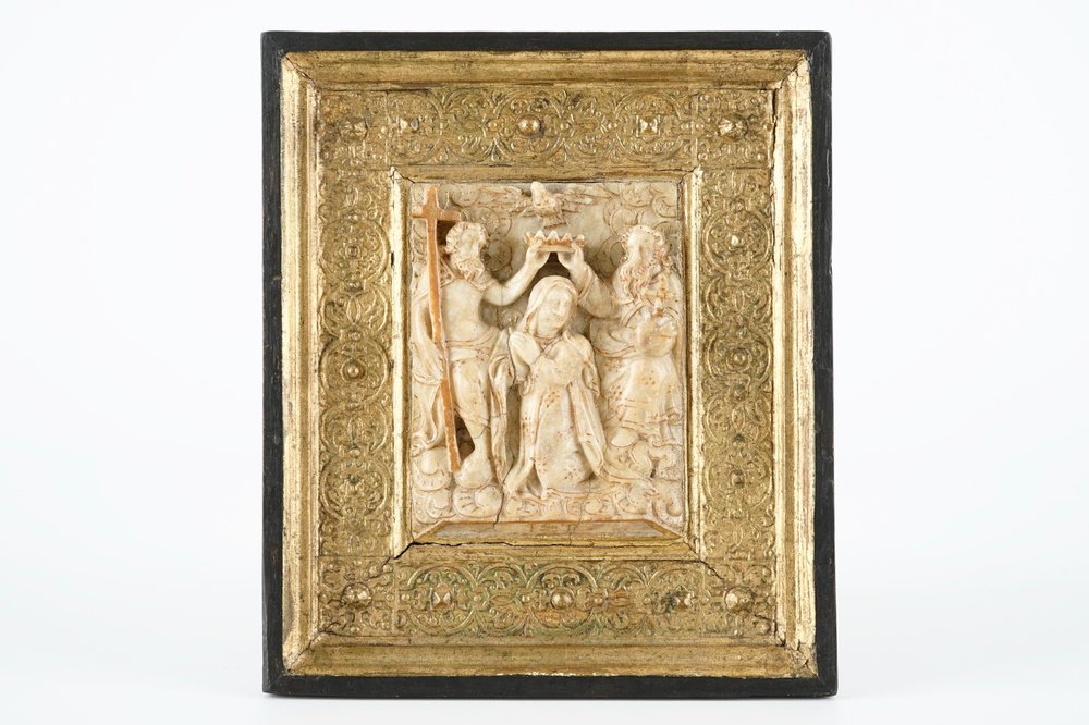 A signed gilt relief in Malines alabaster: &quot;The coronation of Mary&quot;, 16/17th C.
