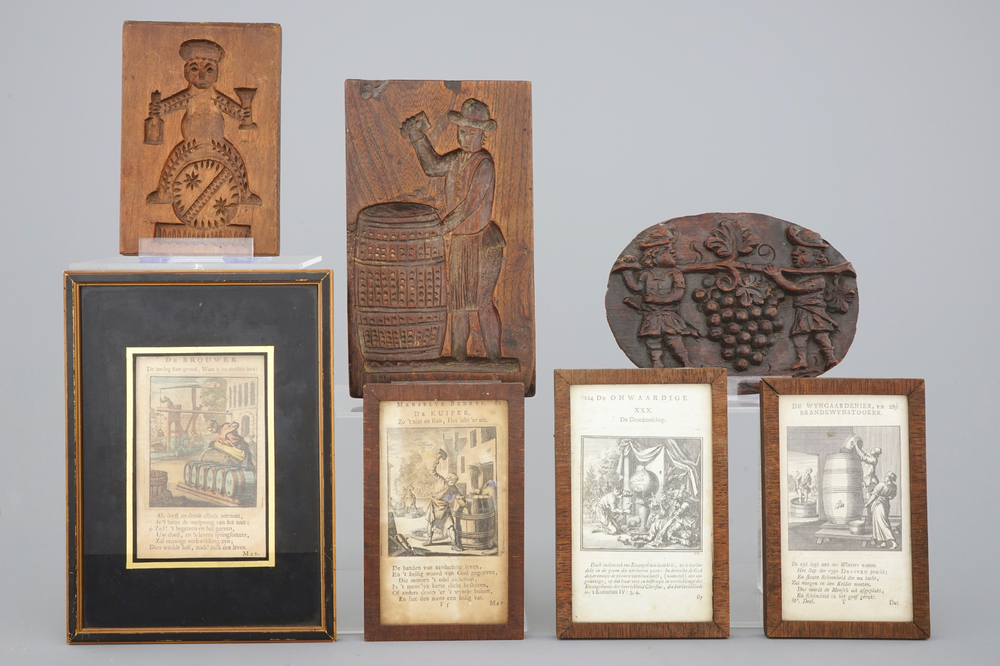 A lot of 2 cookie moulds, a wood carving of grapes and 4 engravings, all of wine and beer theme, 18/19th C.