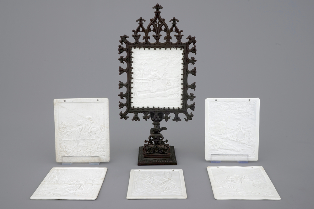 A gothic revival cast iron candle holder with six lithophane plaques, 19/20th C.