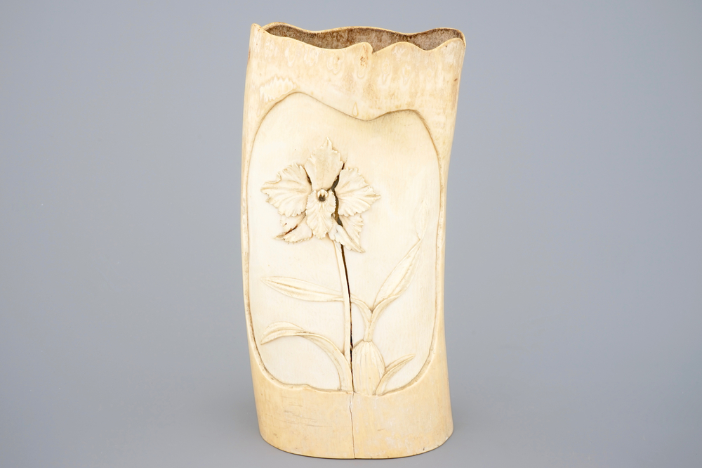 A carved ivory Art Nouveau vase, ca. 1895, in the manner of Philippe Wolfers (1858-1929)