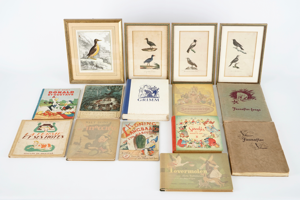 Een lot met kinderboeken, boeken over Congo en 4 litho's van vogels, 20e eeuw