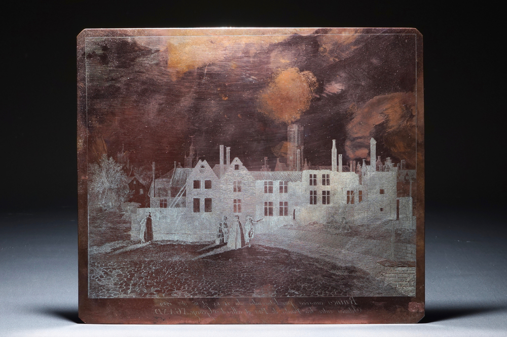 A brass etching plate, A view on Ghent after the large fire of 1789, 19th C.