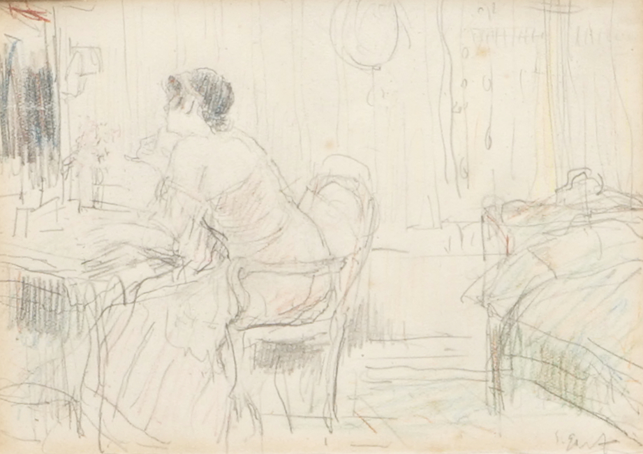 Salomon Garf (1873-1943), een dame in een interieur, potloodtekening