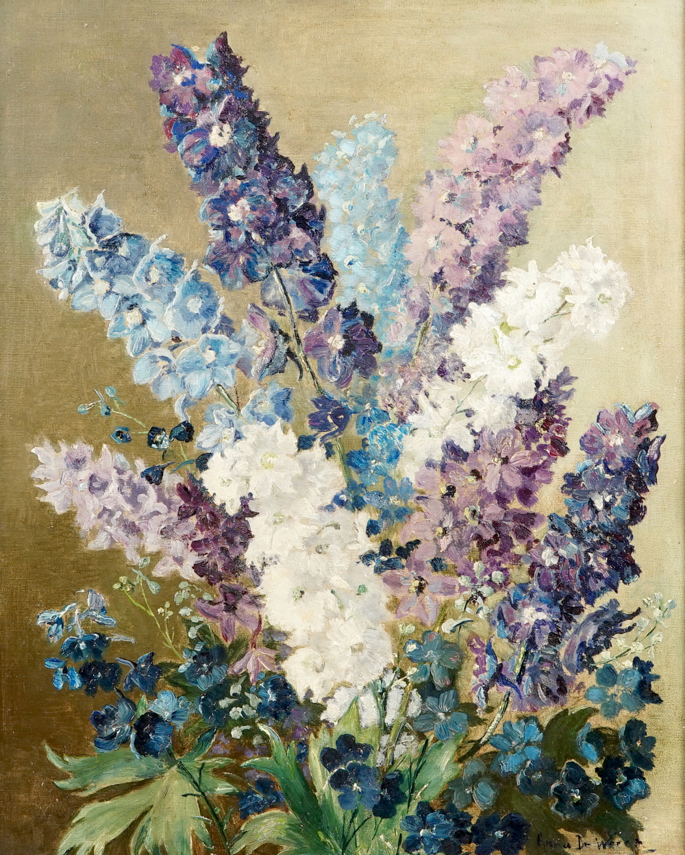 Anna de Weert (1867-1950): un bouquet de delphiniums, huile sur toile