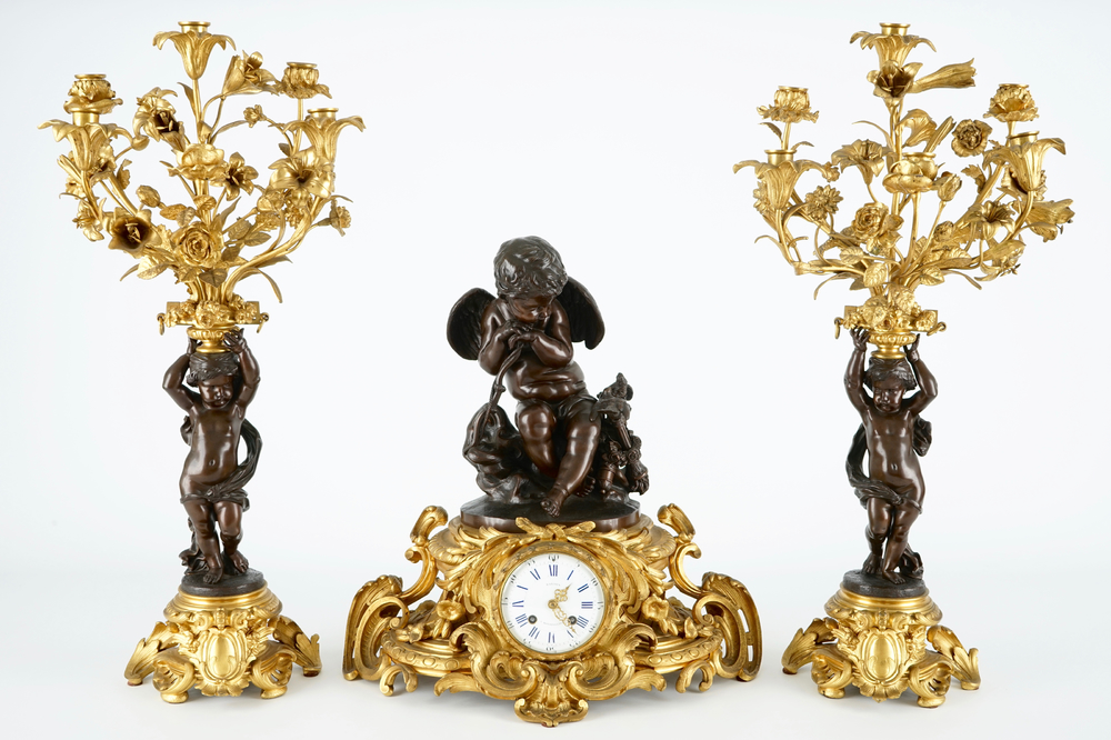 A large three-piece ormolu bronze clock garniture, signed Bardon &agrave; Montpellier, 19th C.