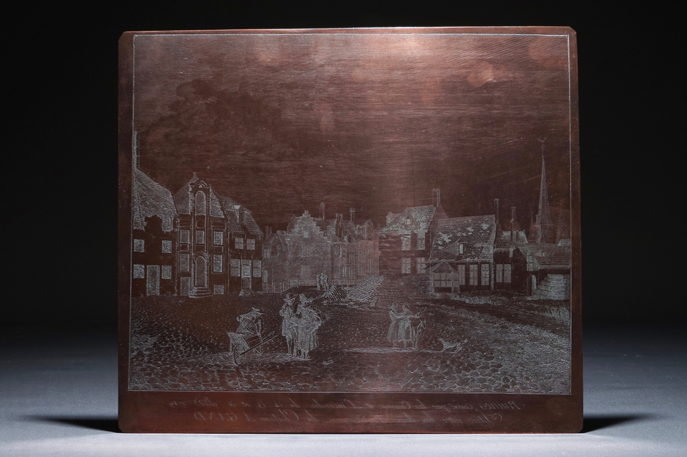 A brass etching plate, A view on Ghent after the large fire of 1789, 19th C.