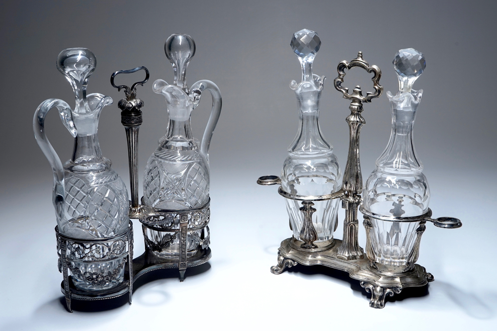 Deux huiliers-vinaigriers en argent avec les flacons en cristal, Gand, 1787 et Vienne, 19&egrave;me