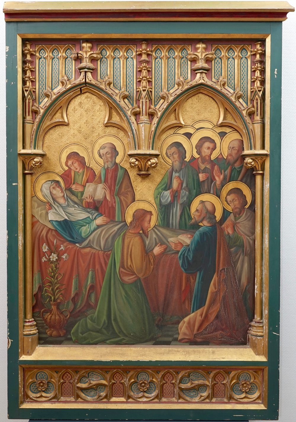 Neo-gotiek, Het sterfbed van Maria, olie op paneel in fraaie lijst, 19e eeuw