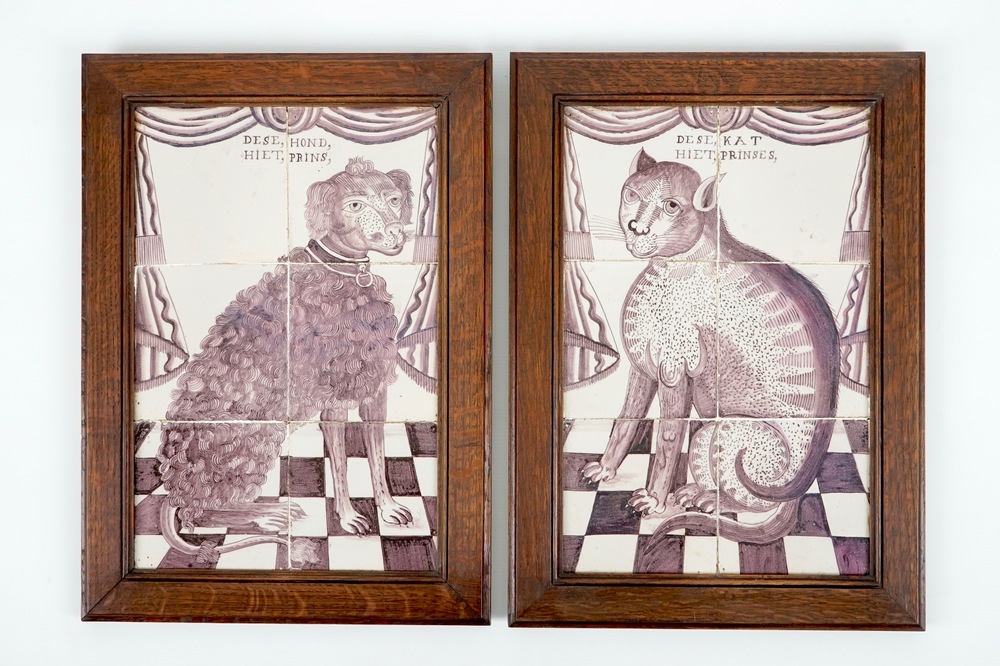 A pair of manganese Dutch Delft tile panels with a cat and a dog, 18th C.