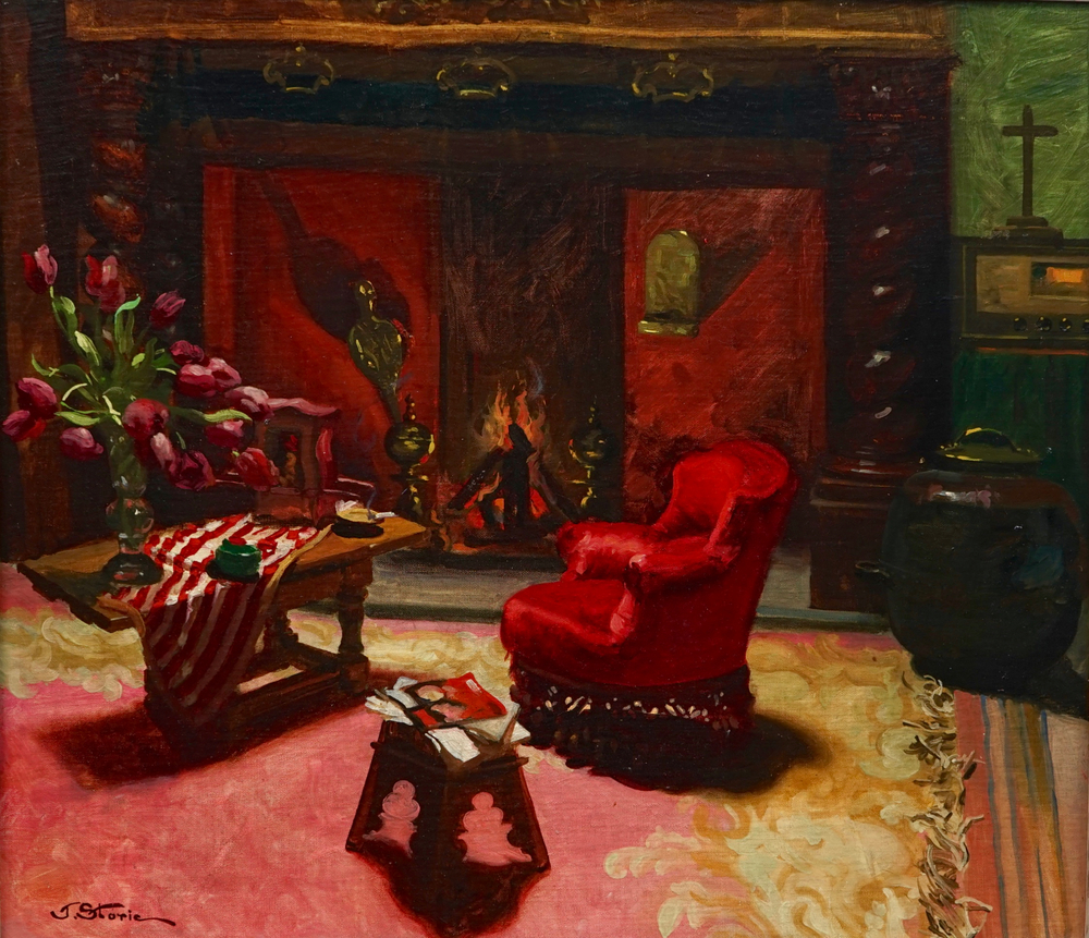 Jos&eacute; Storie (1899-1961), Interior with a fireplace (Le Foyer), oil on canvas