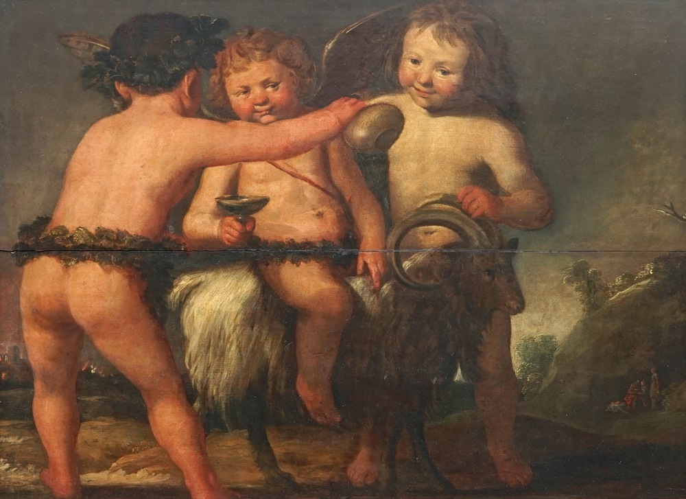Entourage de Salomon de Bray (1597-1664), trois putti et un bouc, huile sur panneau