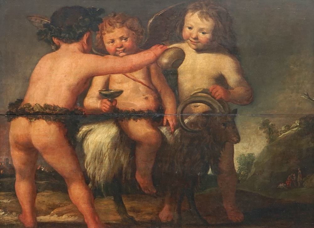 Circle of Salomon de Bray (1597-1664), three putti with a goat, oil on board