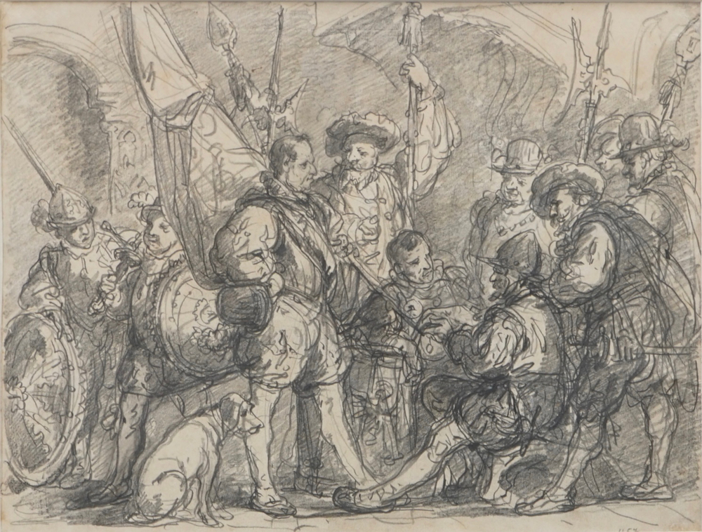 Hendrik Frans Schaefels (1827-1904), A gathering of officers, pencil drawing on paper
