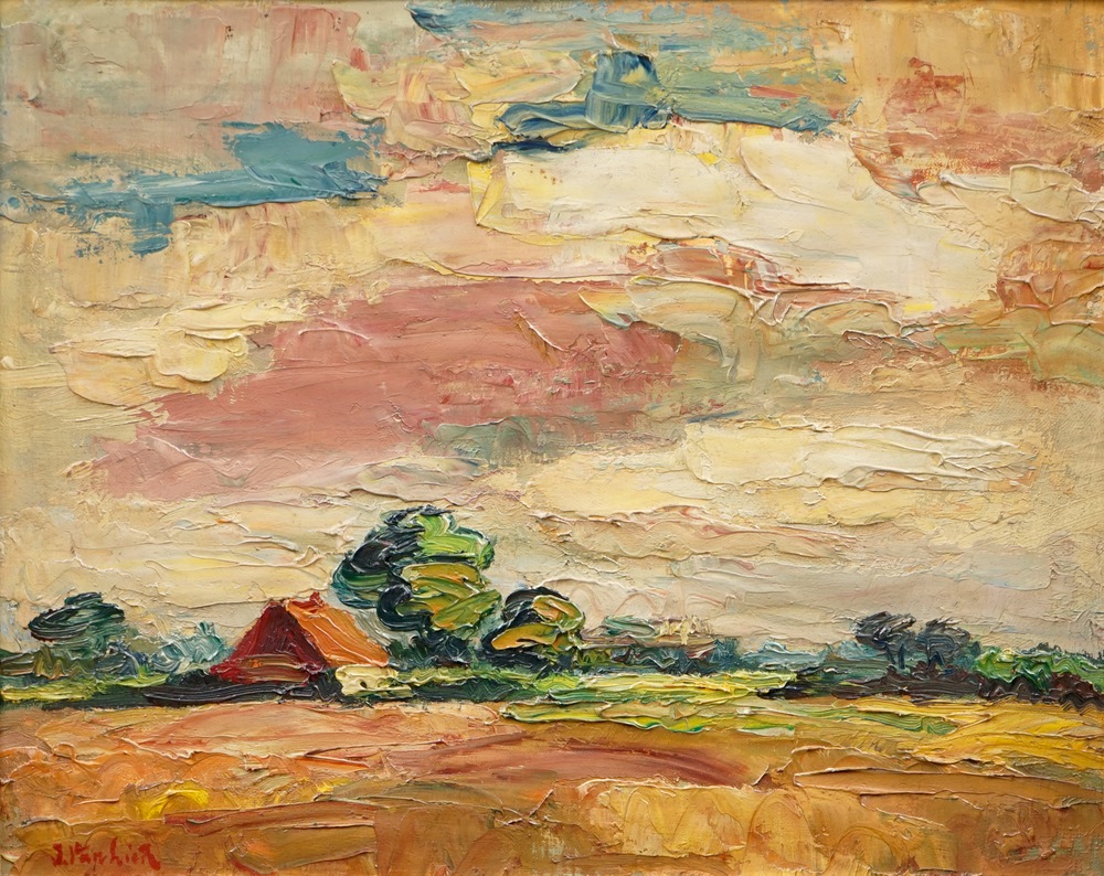 Jan Van Lier (1921), een landschap met boerderij, olie op doek