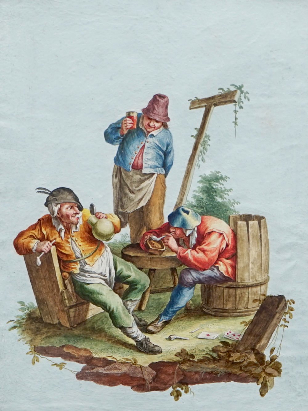 D'apr&egrave;s David Teniers II, Une sc&egrave;ne apr&egrave;s le jeu aux cartes, aquarelle sur papier, 18/19&egrave;me