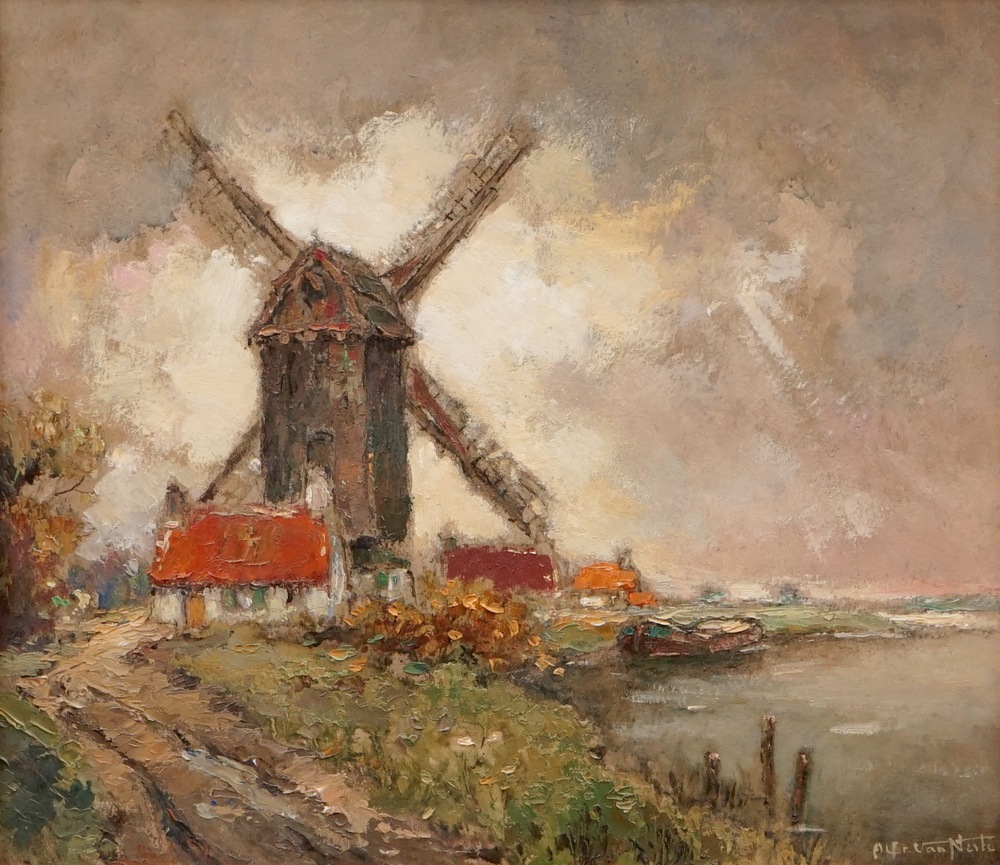 Alfred Van Neste (1874-1969), Een landschap met molen, olie op doek