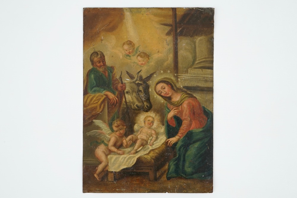 A Nativity scene, oil on copper, probably French, 18/19th C.