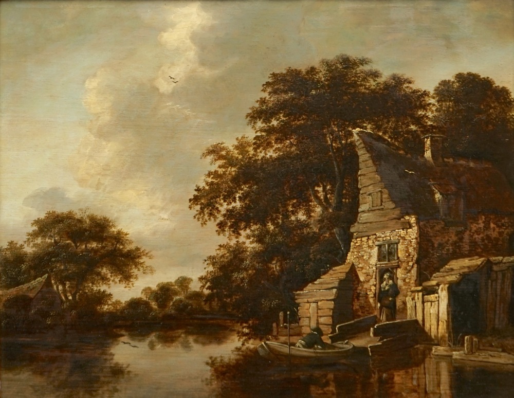 Navolger van Cornelis Decker, Aan het water, olie op paneel, 19e eeuw