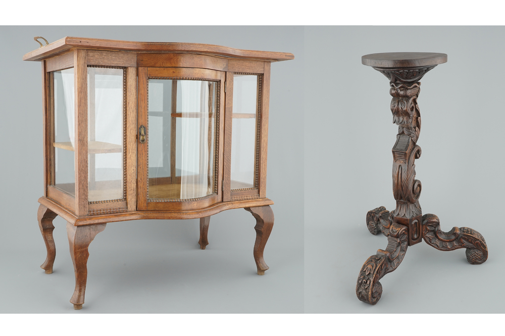 A wooden tea cabinet and a carved wood vase stand, 19/20th C.