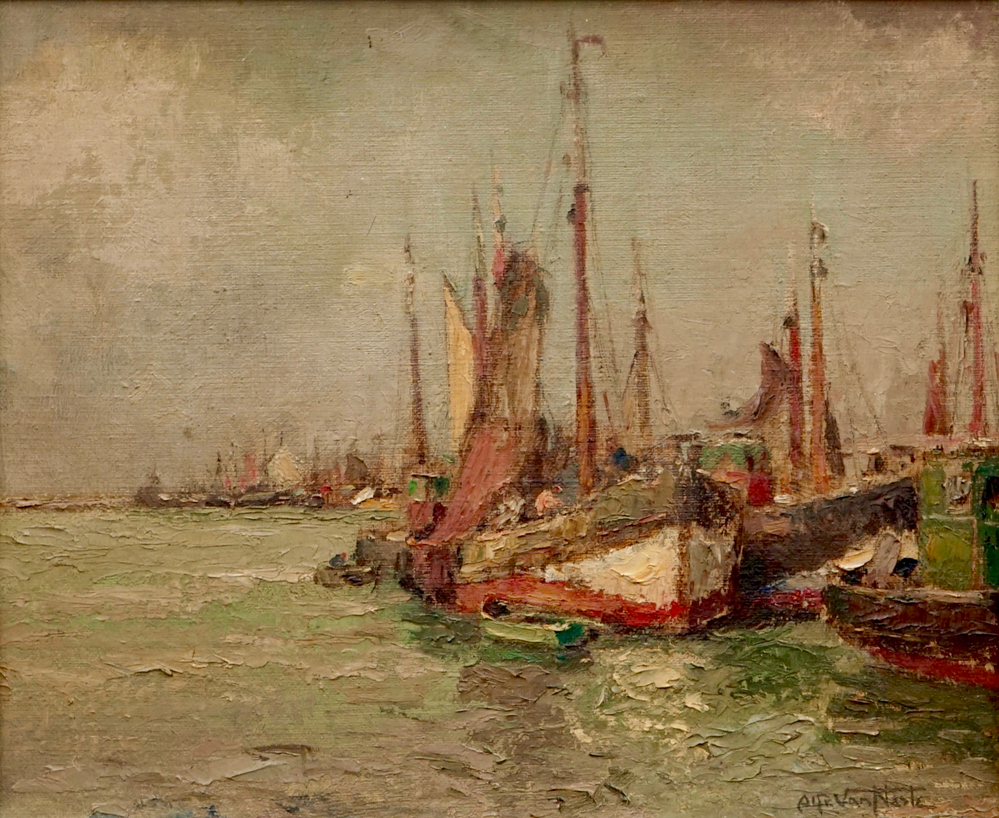 Alfred Van Neste (1874-1969), Bateaux de p&ecirc;che &agrave; la c&ocirc;te, huile sur toile