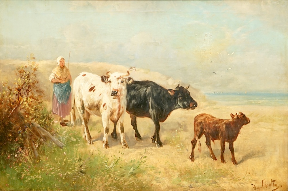 Henry Schouten (1857-1927), Berg&egrave;re avec vaches &agrave; la mer, huile sur toile