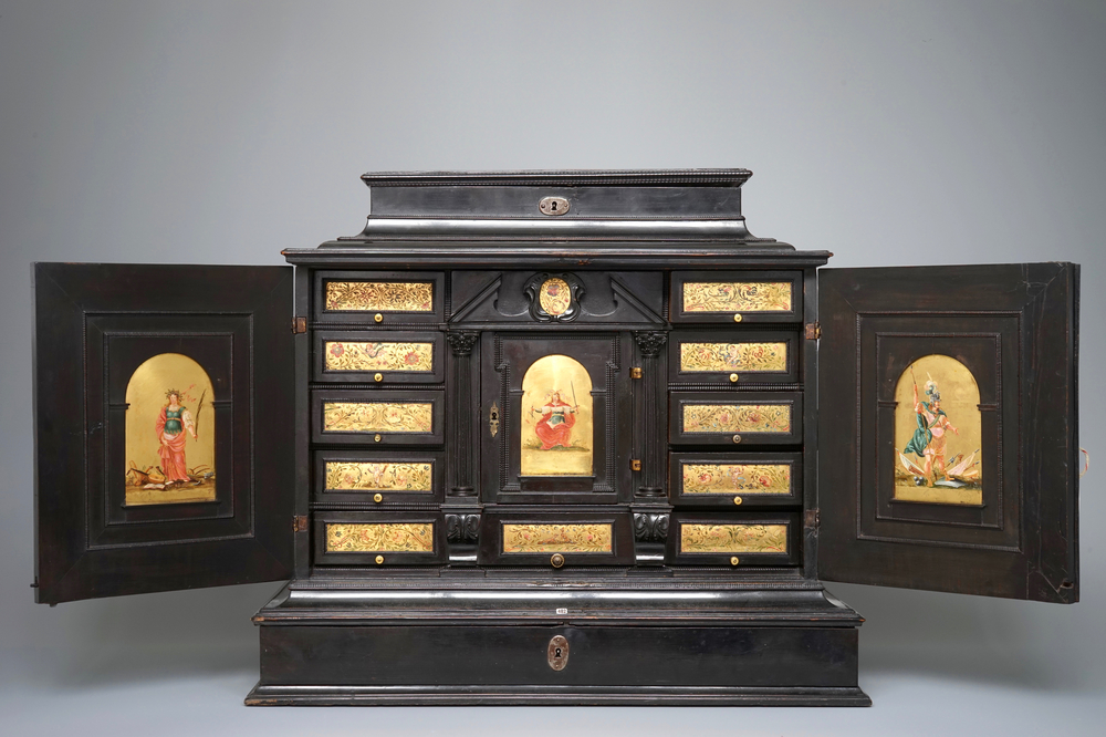 A Flemish ebony cabinet with gilt-ground painting, Antwerp, 17th C.